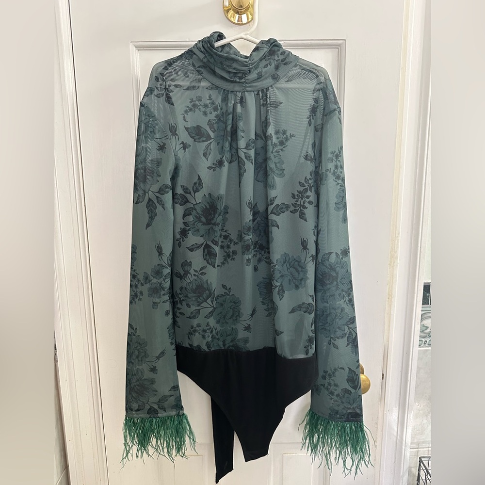 Anthropologie Floral Mesh Bodysuit with Feather Cuffs